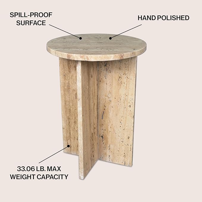 JONATHAN Y Javier Solid Travertine Marble End Table, 14-inch Round Modern