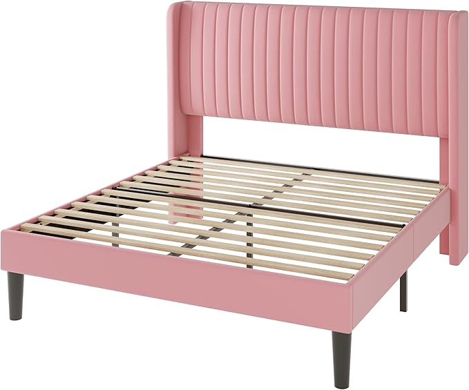 Allewie Queen Size Velvet Bed Frame/Vertical Channel Tufted Wingback