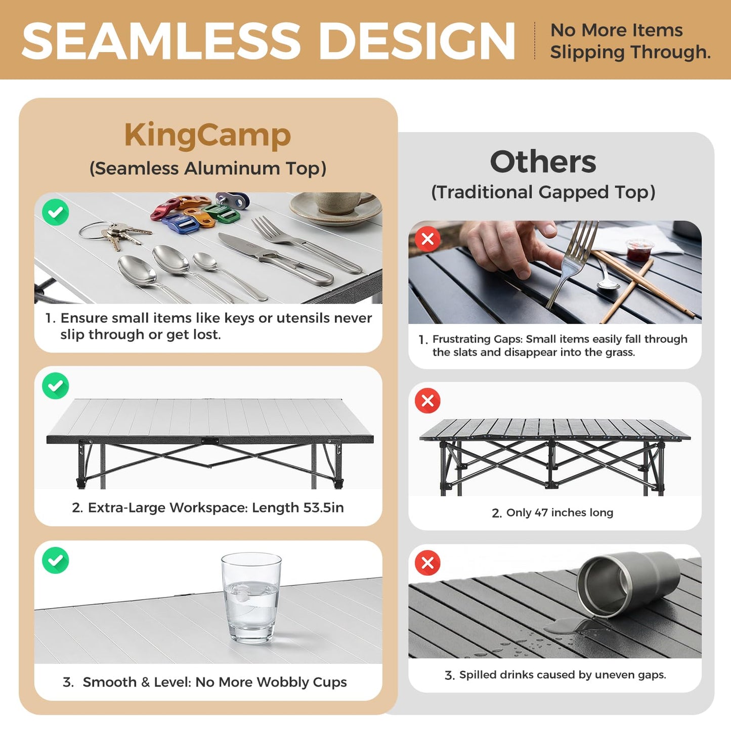 KingCamp Aluminum Camping Table Foldable, Large 53.5" Roll Up Camp Table Folding Seamless Tabletop Heavy Duty Duck Hunting Camping Tables Metal Portable Outdoor Collapsible for RV BBQ Picnic Hunting