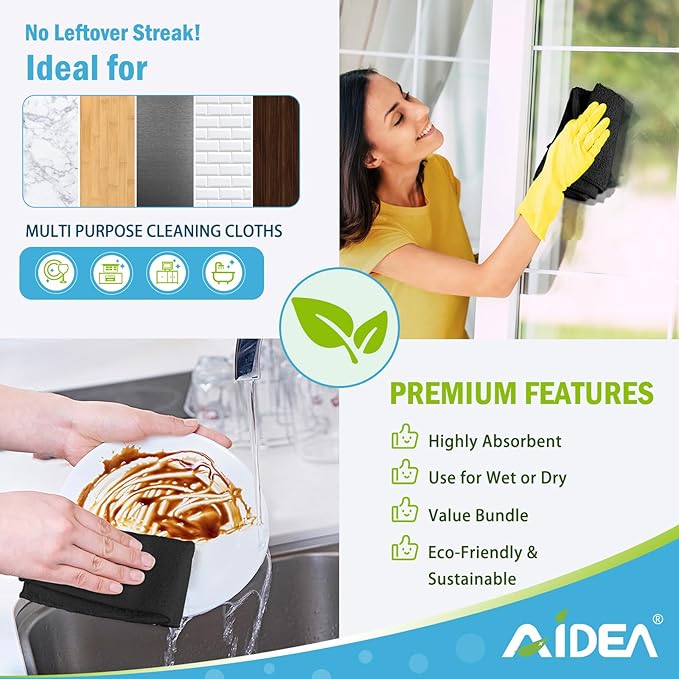 AIDEA Microfiber Cleaning Cloth Black 50PK, Microfiber Towels