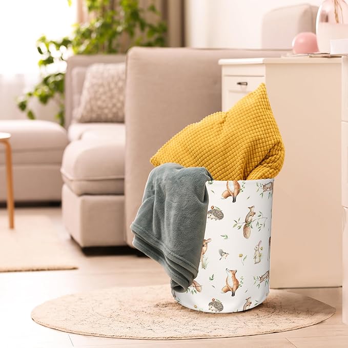 Deer Hedgehog Fox Bunny Squirrel Forest Laundry Basket, Waterproof Foldable