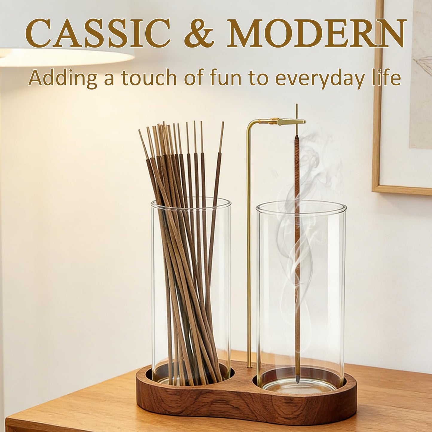 Ceremony Incense Holder, 2 in 1 Wooden Incense Holder for Sticks, Anti-ash Incense Burner with Glass Ash Catcher for Meditation Yoga Spa Room Decor