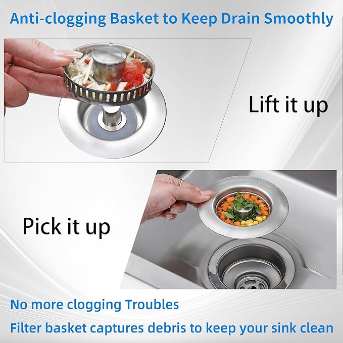 3 in 1 Kitchen Sink Drain Strainer, Pop up Sink Stopper Kitchen Drain,