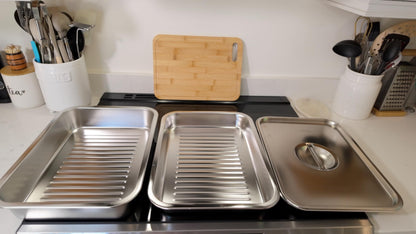 Geesta Grilling Prep and Serve Tays, Stainless Steel Large Capacity Food Prep Tray, Grill Carry System, Marinade Container with Lid and Cutting Board,BBQ Grill Accessories, Grilling Gifts for Men