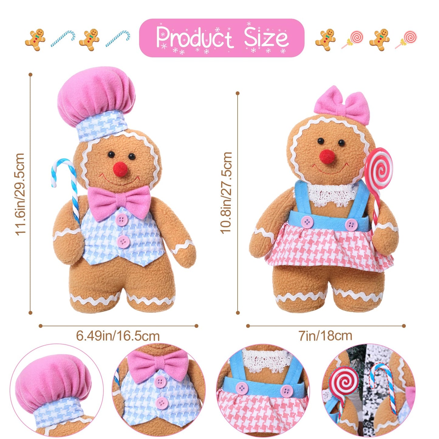 GAKSK Christmas Decorations Indoor Gingerbread Plush Hold Candy Cane Home Decor Gifts 11.8inch Gingerbread Stuffed Animal Doll Tree Toppers Christmas Decorations (2PCS)