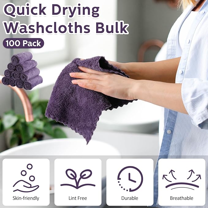 Newwiee 100 Pcs Washcloths Bulk Quick Drying Bathroom Wash Clothes 12 x 12 Inch