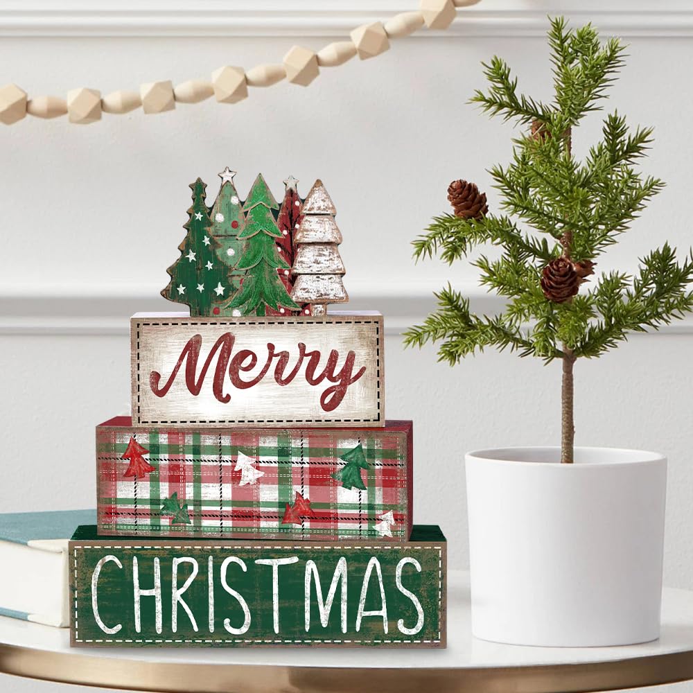 DIYDEC 4Pcs Christmas Table Decoration Green Tree Wooden Block Sign Christmas Tiered Tray Decor Winter Centerpiece Decorative Sign for Xmas Holiday Tabletop Coffee Fireplace Shelf Desk Party Decor