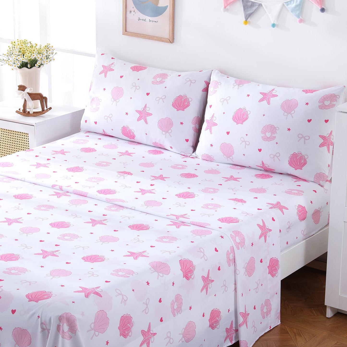 Yibeizi Pink Twin Sheets Set Kids Beach Bedding Coastal Bed Sheets for Girls Ocean Print Bedsheets Microfiber Deep Pocket Beachy Patterned Bed Sheet & Pillowcase Sets 3 Pieces