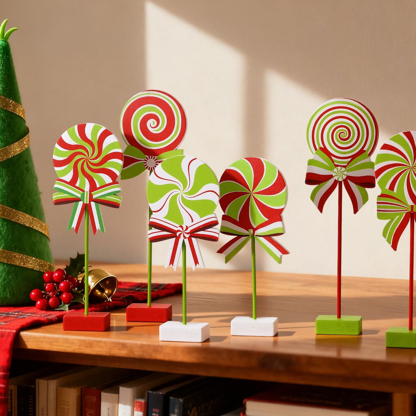 Amyhill 6 Pcs Christmas Candy Wooden Tabletop Decor Candy Cane Tall Standing Wooden Block Xmas Cane Table Centerpiece Sign for Christmas Tiered Tray Home Desk Office Party Decoration