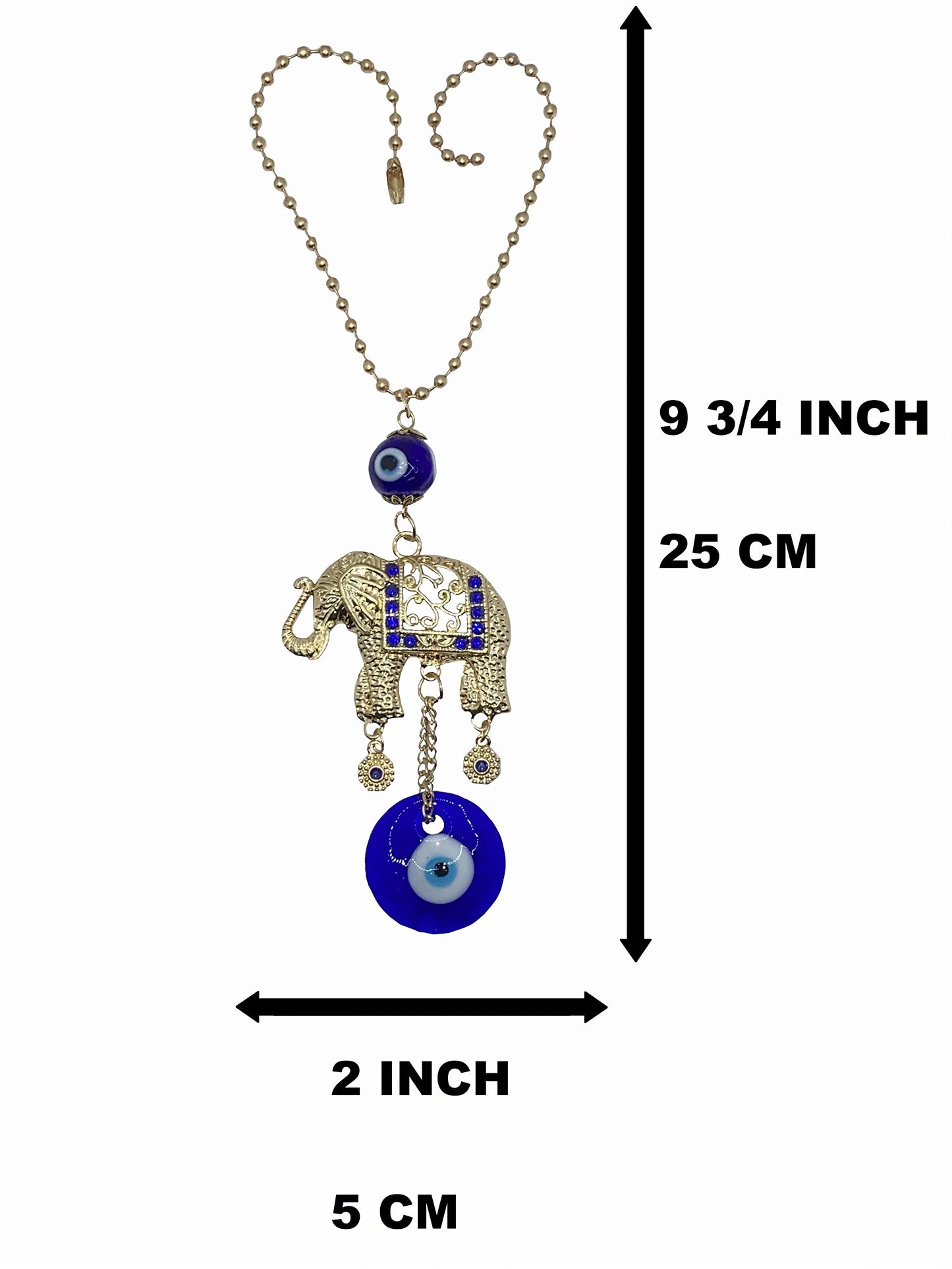 LUCKBOOSTIUM Gold Elephant with Evil Eye Beads in Blue, White & Black Resin w/Rhinestones in Ball Chain–Charms & Protective Car Hanging Ornament for Rear View Mirror, Keychain, Bag& Home/Office Decor