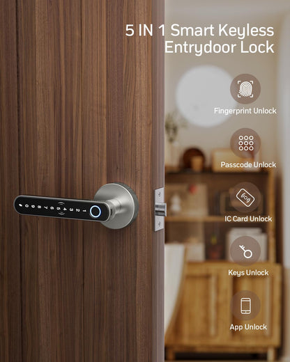 TMEZON Smart Door Lock Fingerprint, Keyless Entry Door Lock with Handle, APP/IC Cards/Codes/Keys/Fingerprints Biometric Electronic Keyless Entry Lock for Bedroom Home Hotel Office
