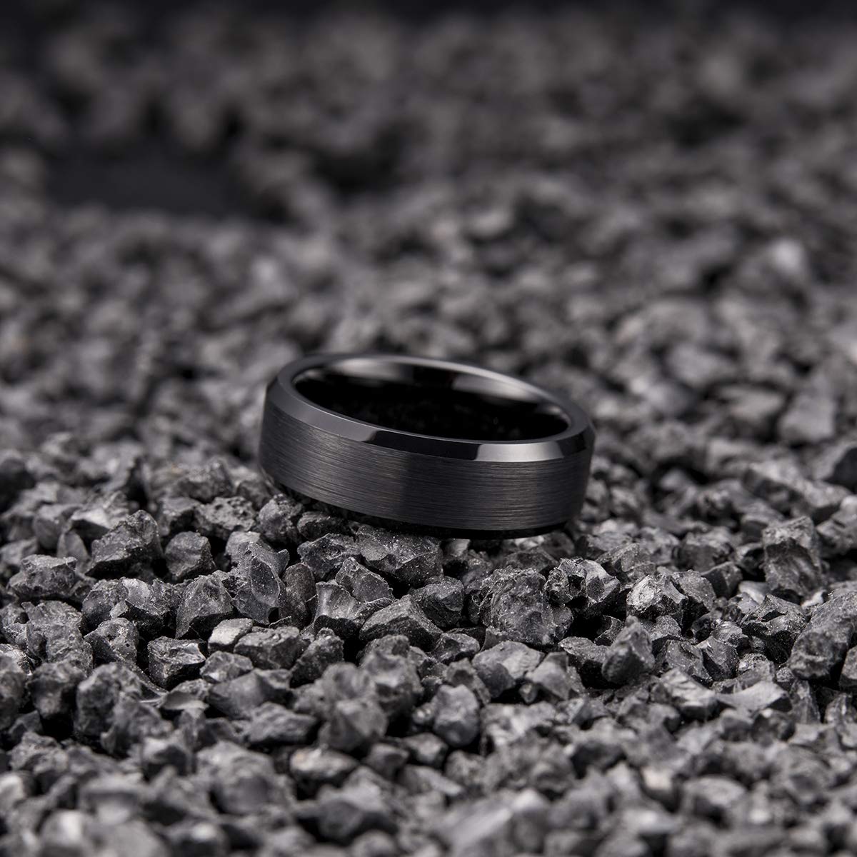 King Will 7mm Men's Black Wedding Ring - Brushed Matte Surface, Beveled Polished Edge, Comfort Fit Size 14