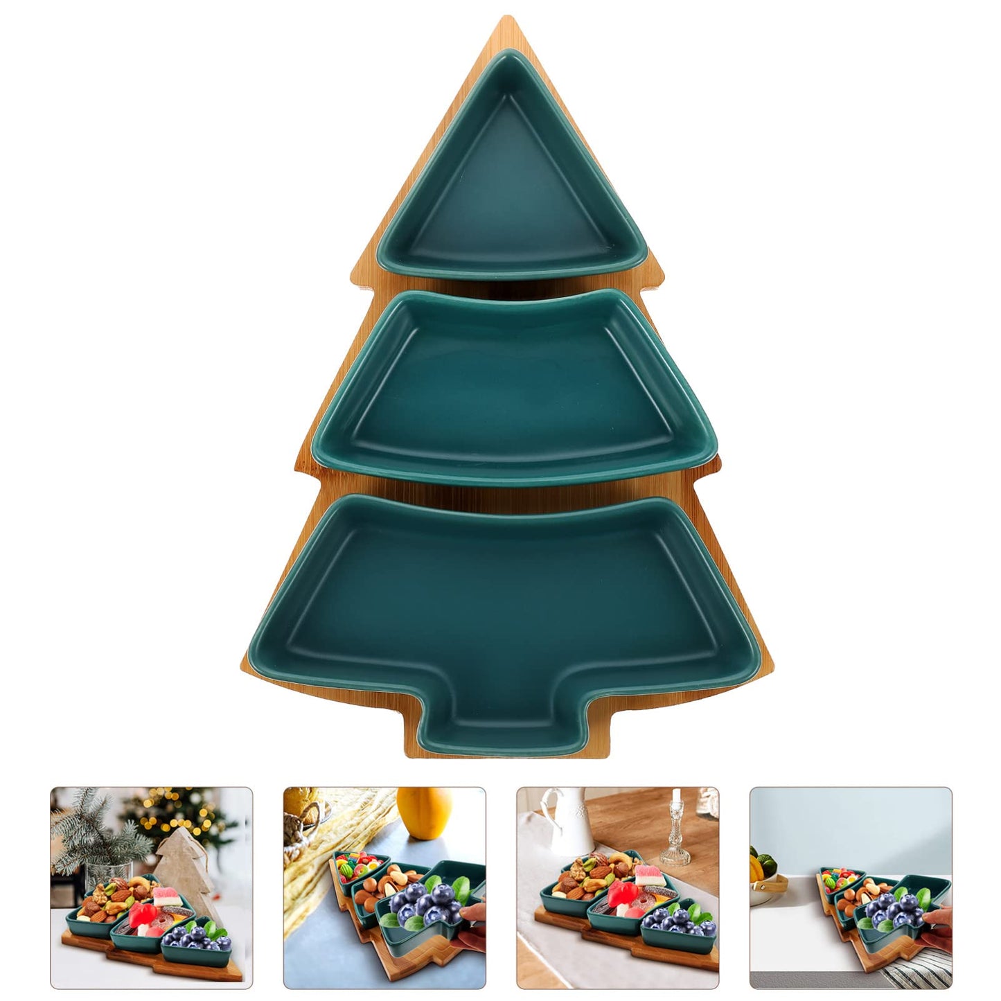 UPKOCH Christmas Tree Shaped Ceramic Snack Trays with Wooden Base, Tree Shaped Candy Dish Green Appetizer Plates for Nuts, Candy Dessert, Holiday Party Serving Platter, 10.38in