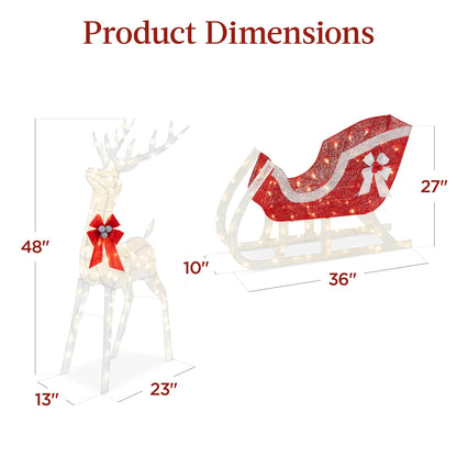 Best Choice Products Lighted Christmas 4ft Reindeer & Sleigh Holiday Outdoor Yard Decoration Set w/ 205 LED Lights, Stakes, Zip Ties - White