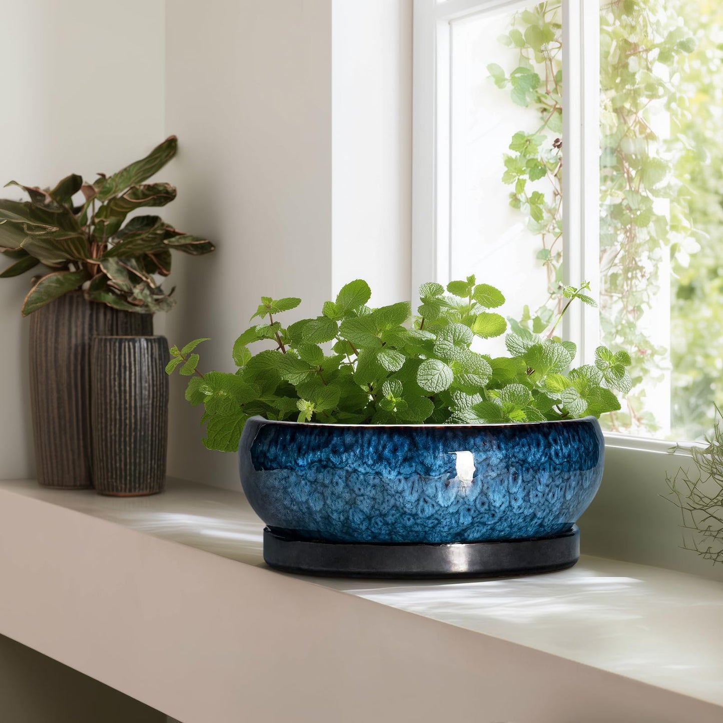 EPFamily Bonsai Pots - 13 Inch Ceramic Succulent Pots for Indoor Outdoor, Large Succulent Planter with Drainage Hole and Saucer, Round Shallow Flower Planters, Porch Decor, Gardening Gifts, Blue