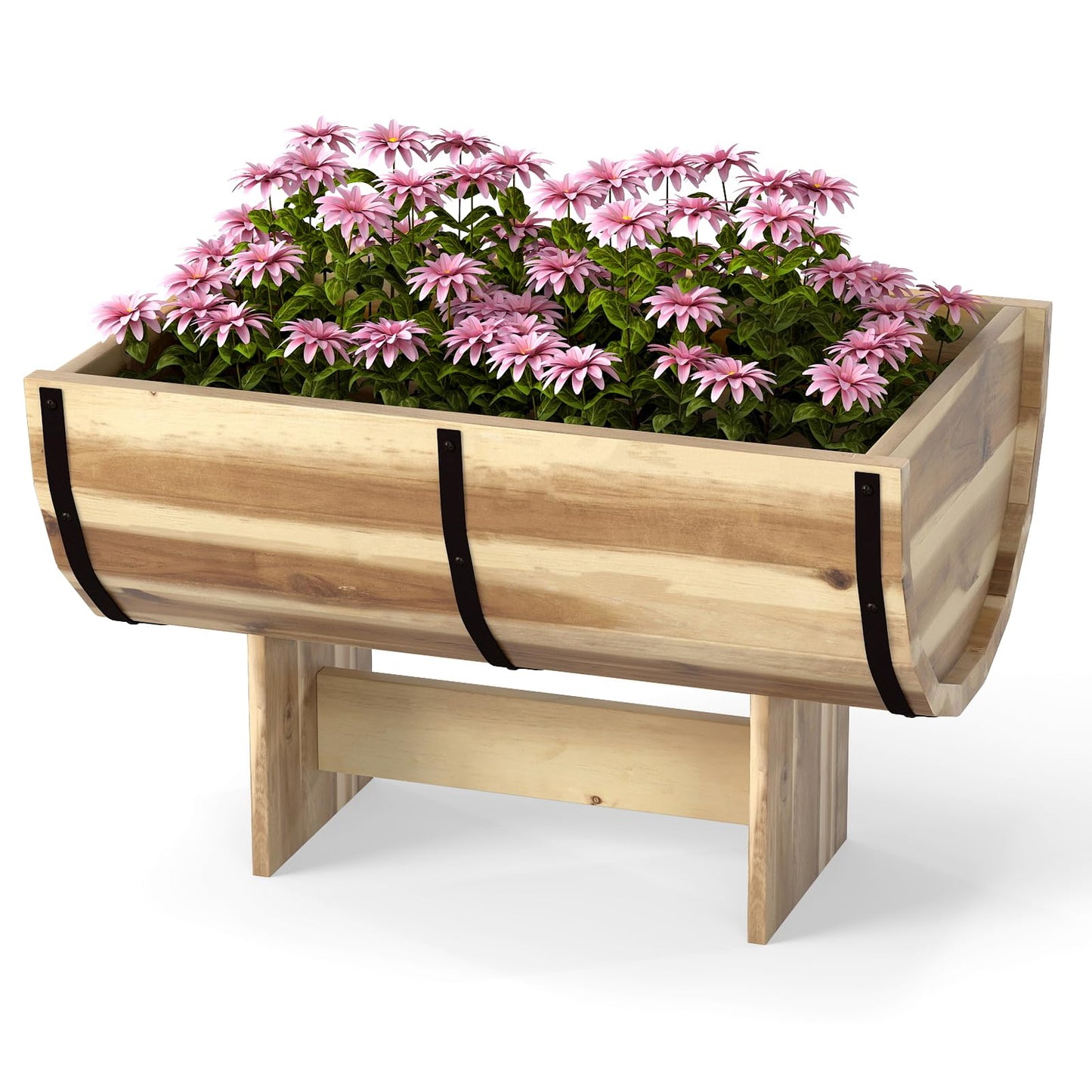 Giantex Half Barrel Raised Garden Bed, Acacia Wood Planter Box for Flower Vegetable Fruit, Outdoor Indoor Plant Pot with Legs for Garden Decoration,18"x12"x11.5"