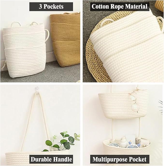 AARAINBOW Wall Hanging Cotton Baskets, Large 3 Tier Decorative Basket