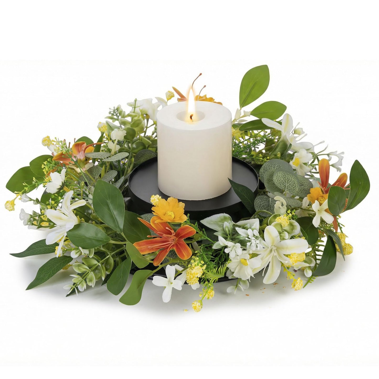 MOYEE Summer Centerpieces for Tables Candle Ring, Black Metal Candlestick with an Artificial Wreaths 14 in Versatile Dining Table Centrepiece (an Orange and White Wreath)