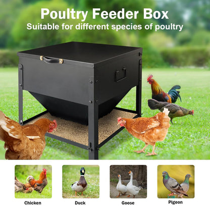 DOLEMODUO Metal Chicken Feeder No Waste, Large Capacity Poultry Feeder, Adjustable Galvanized Steel Chicken Coop Feeder with Lid and Handle