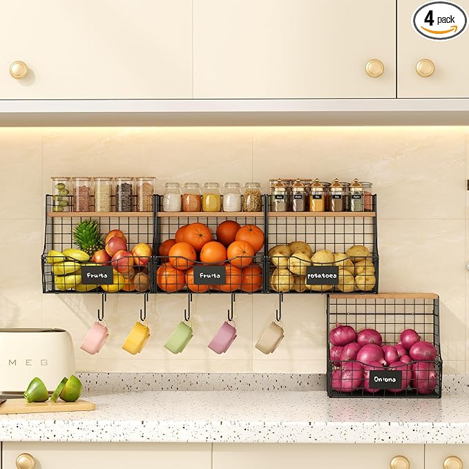 Fruit Basket for Kitchen with Lid, Counter&Wall Mounted Hanging Fruit Basket