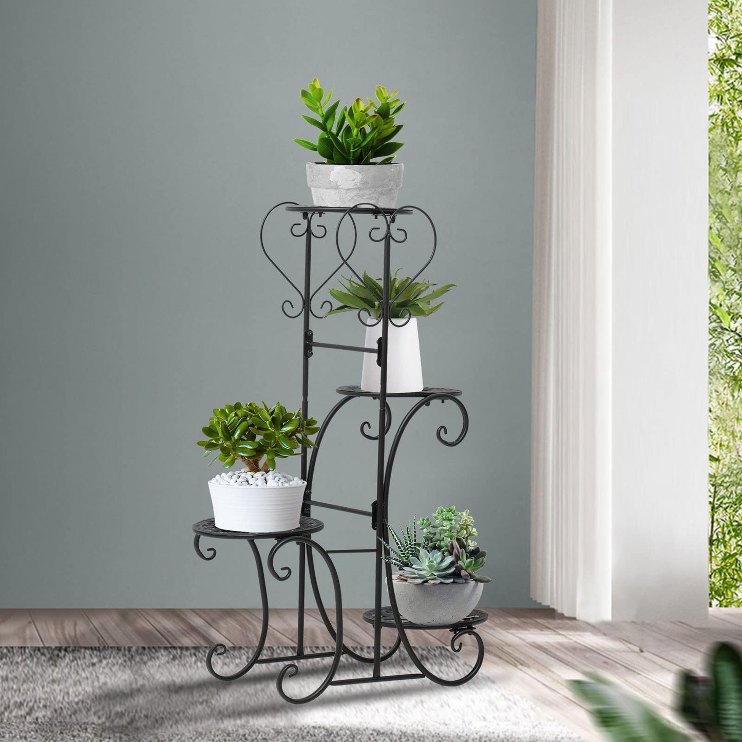 WUSILILU Plant Stand Indoor Tall, 4 Tier Metal Flower Pot Display Shelf Black Multilayer Flower Holder Rack Corner Organizer for Patio Orchid Office Porch Living Room Garden Balcony
