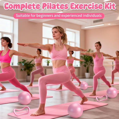 Pilates Equipment Kit for Home Workouts - 18pcs Set- 14'' Pilates Ring and Ball Set for Women, Pilates/Yoga Accessories Kit with Wrist Weights, Resistance Bands, Core Sliders, Yoga Strap (pink)