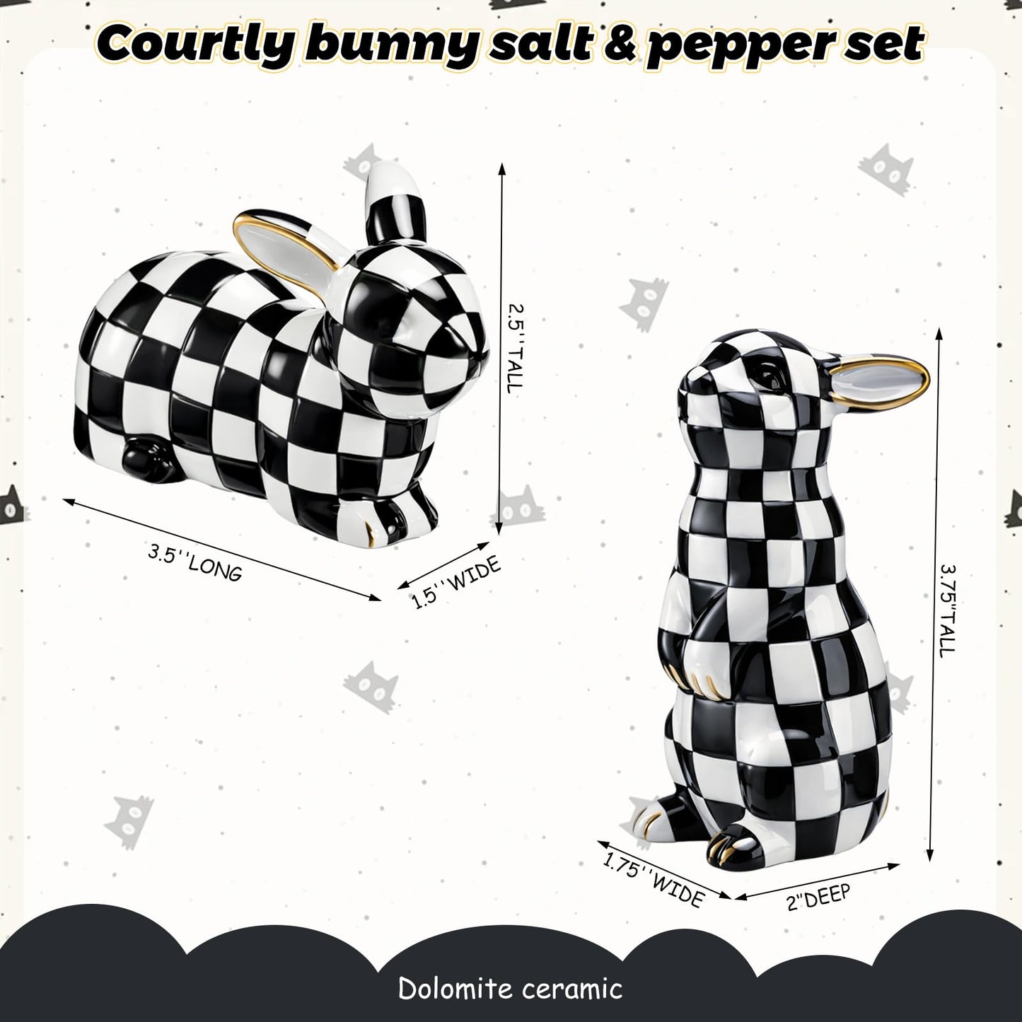Weysat 2 Pcs Bunny Salt and Pepper Shaker Set Easter Fine Ceramic Bunny Salt and Pepper Holders Cute Black and White Rabbit Gifts for Easter Home Kitchen Item Table Decoration 3.75 H
