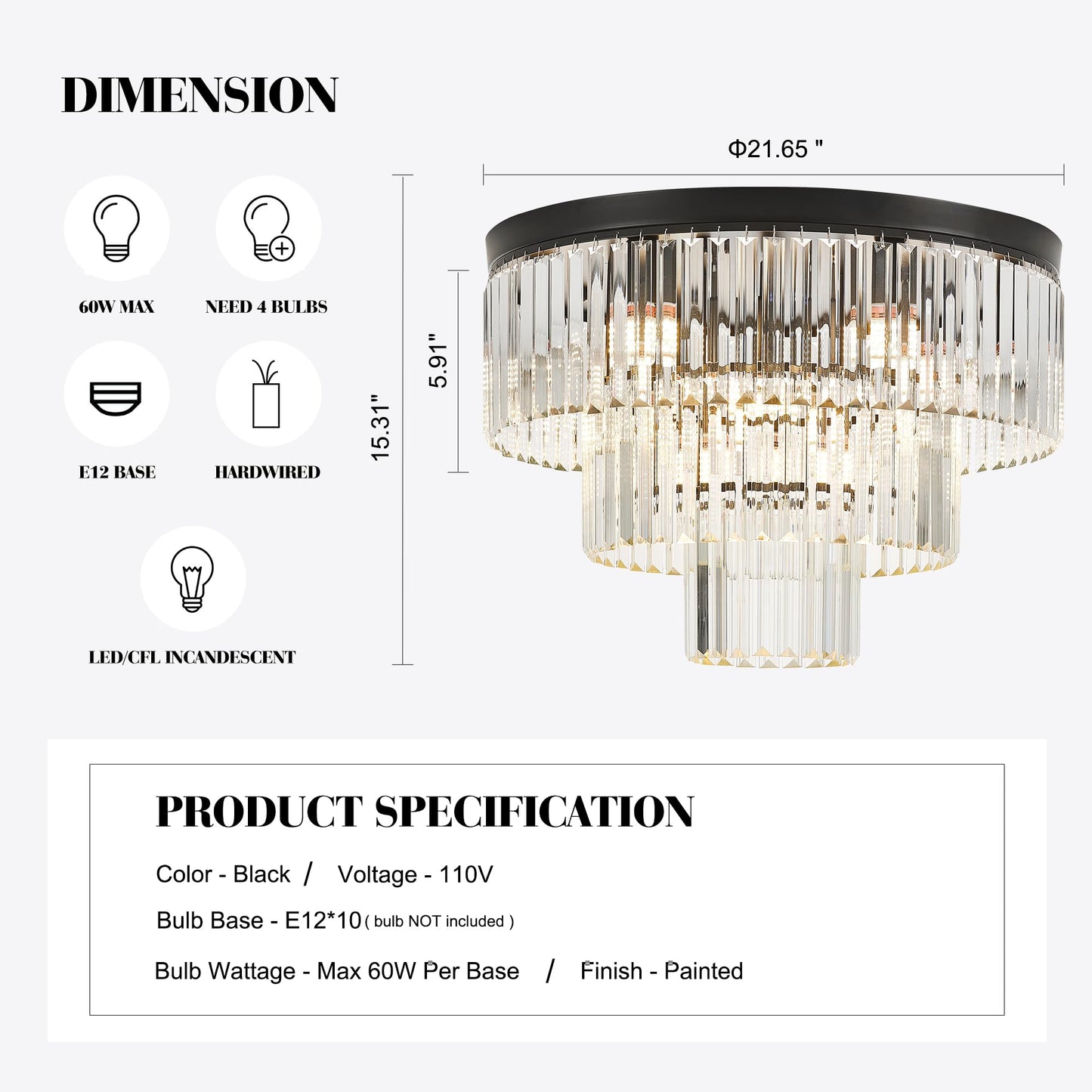 Faibra 21.65" Black Crystal Ceiling Light 10-Light Modern Crystal Ceiling Light Fixture 3-Tier Luxury K9 Crystal Ceiling Light,for Dining Room Kitchen Island Living Room Bedroom