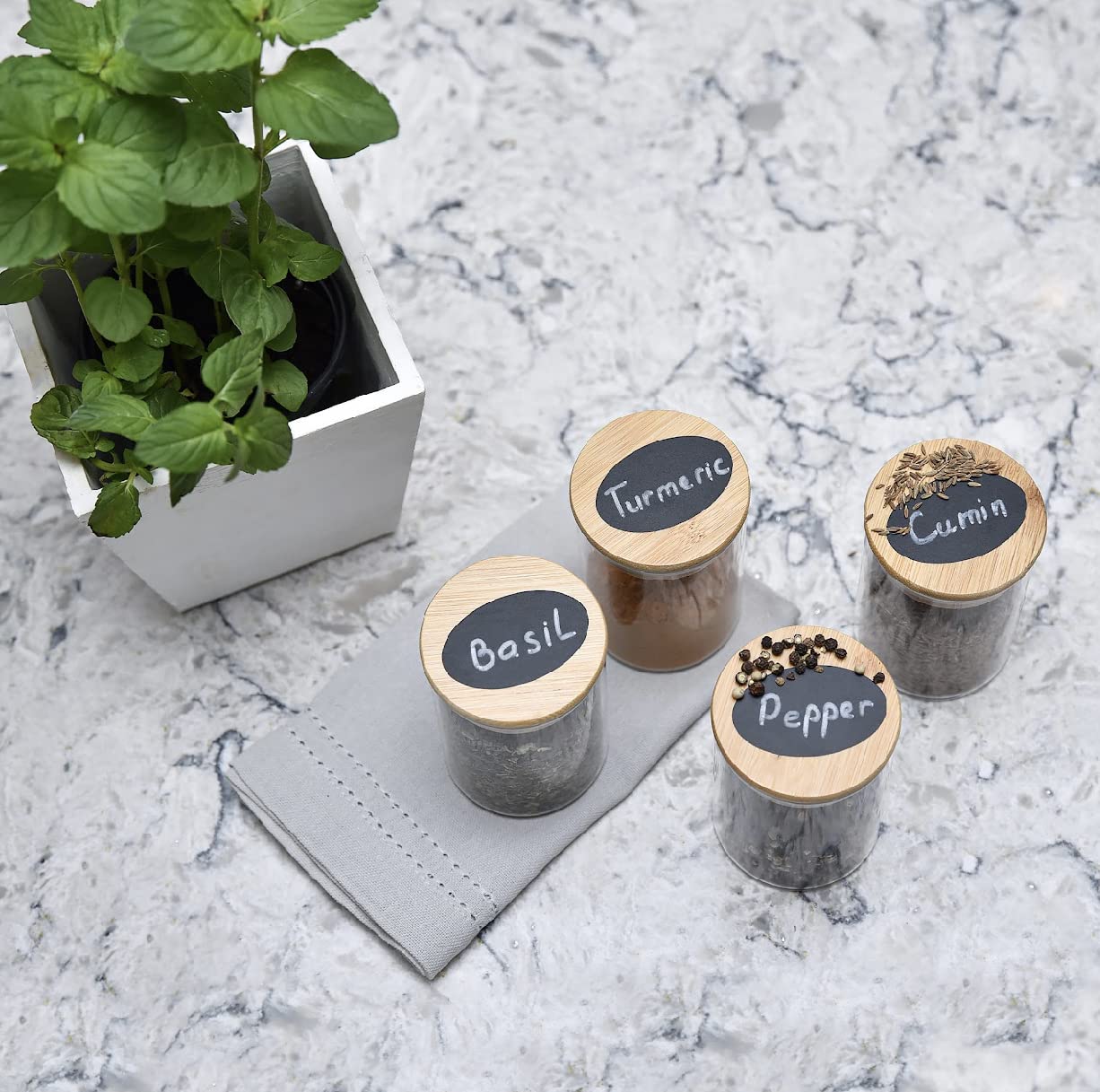 PreZervers 12 pcs Spice Jars | Glass Jar Bamboo Lids Food Storage Containers 7oz Glass Jar | Includes Pen and Decorative Labels | Dozen Spice Jars | Tea, Sugar, Salt, Herbs | Bonus Item