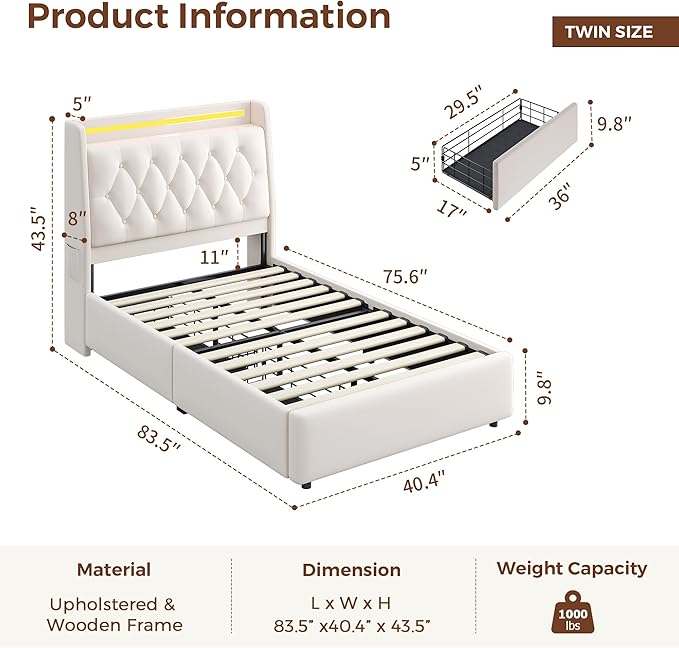 Twin LED Velvet Bed Frame with 2 Storage Drawers&Hidden Headboard, Upholstered