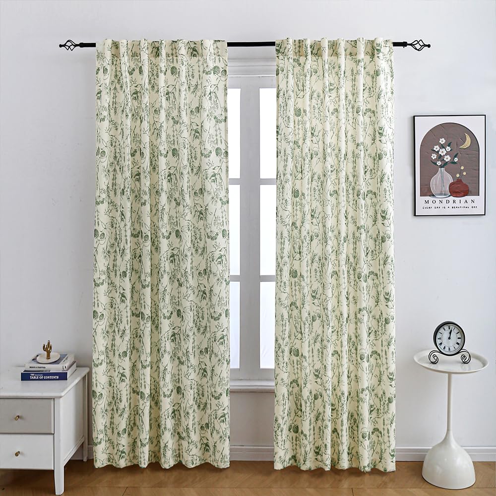 Autum Dream Blackout Curtains 2 Panels Chenille Curtains Drapes for Bedroom Back Tab Rod Pocket Poppy Floral Farmhouse Curtains for Living Room, Patio Doors,Green Floral, 52" W x 96" L