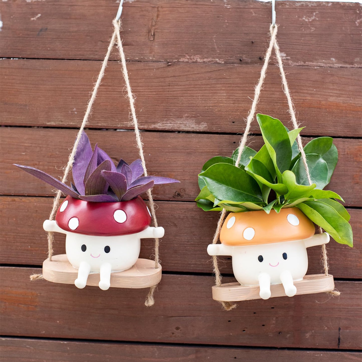 2pcs Mushroom Smily Swing Face Planter Pot, Cute Hanging Resin Flower Head Planter for Indoor Outdoor Plants,Gift IdeaI for Mother,Father and Appreciation Christmas with Drainage Hole (Red&Yellow)