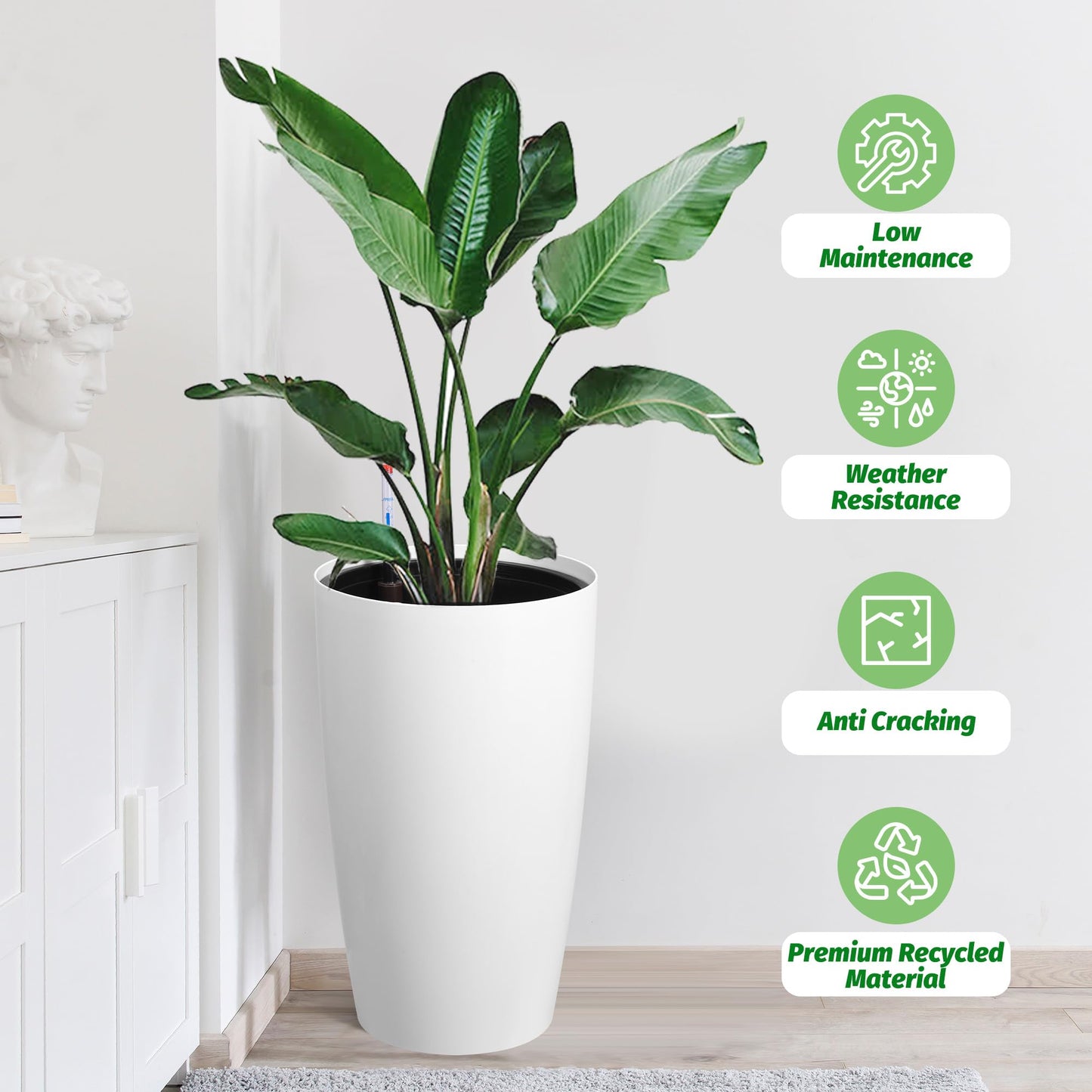 Garvee Tall Planters for Outdoor Plants, 22 in Large Planters Set of 2, Outdoor & Indoor Planters with Water Level Monitor ＆ Inner Bucket, Automatic Watering, for Porch, Patio, Backyard, White