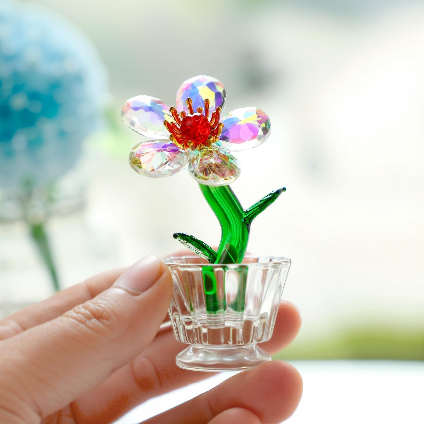 KRISININE Crystal Peach Blossom Mini Ornament Figurine 2.9 * 1.5in Glass Flower Decoration for Home Office for Mom