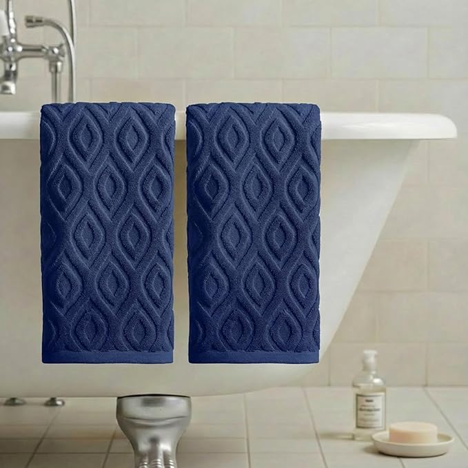 Artoid Mode 2 Pcs Navy Blue 3D Diamond Grid Jacquard Hand Towels