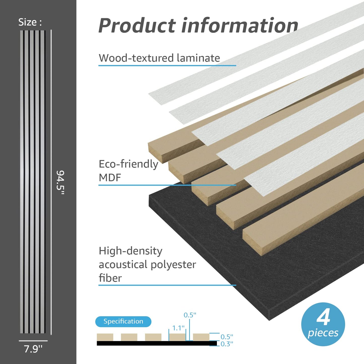 Art3d 4-Piece Wood Slat Acoustic Panels for Stylish Decor and Noise Reduction, 3D Textured Panel for Ceiling and Wall, Brushed Silver