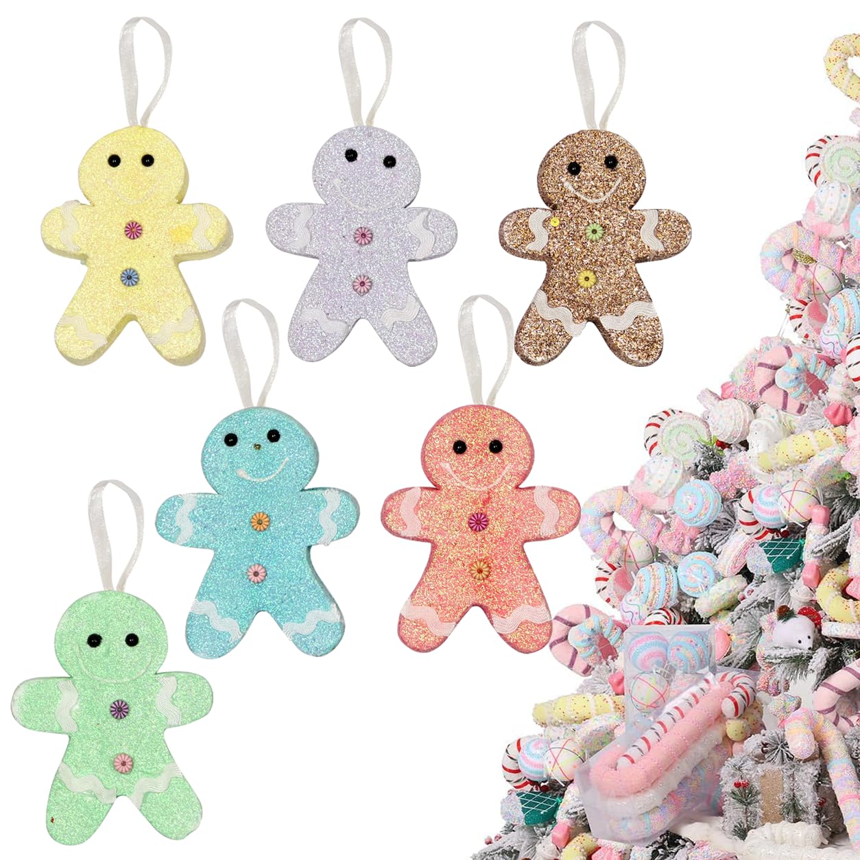 LANGXUN 6pcs Gingerbread Man Candy Land 2025 Xmas Party Suppiles Decoration, Hanging Candy Cane Christmas Tree Décor, Christmas Decorative Hanging Ornaments Crafts