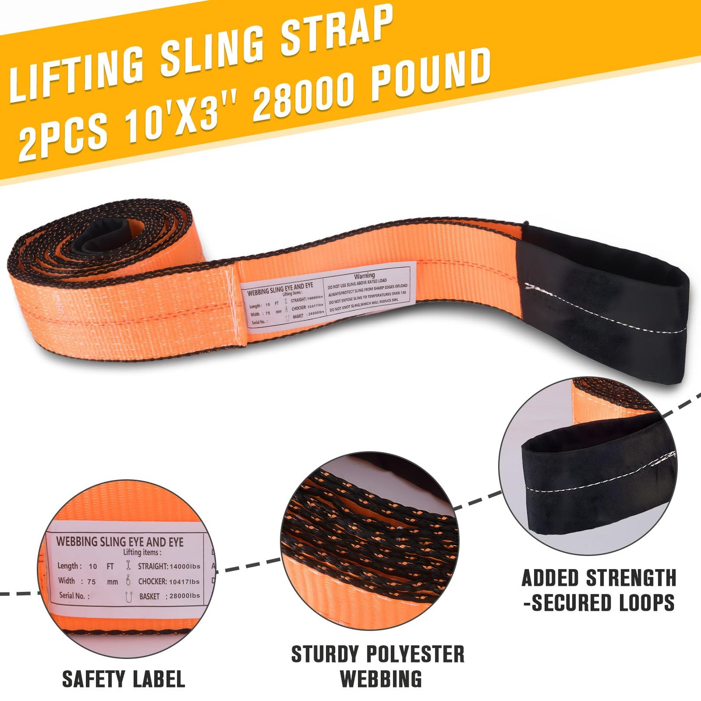2PCS 3”x10Ft Lift Sling Straps, Supper Sturdy Nylon Lifting Straps, 28000LBS Capacity Heavy Duty Eye-Eye Tow Strap for Hoist, Tree Saver, Winch Strap