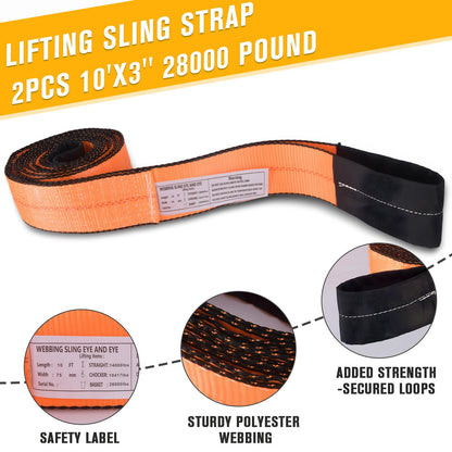 2PCS 3”x10Ft Lift Sling Straps, Supper Sturdy Nylon Lifting Straps, 28000LBS Capacity Heavy Duty Eye-Eye Tow Strap for Hoist, Tree Saver, Winch Strap