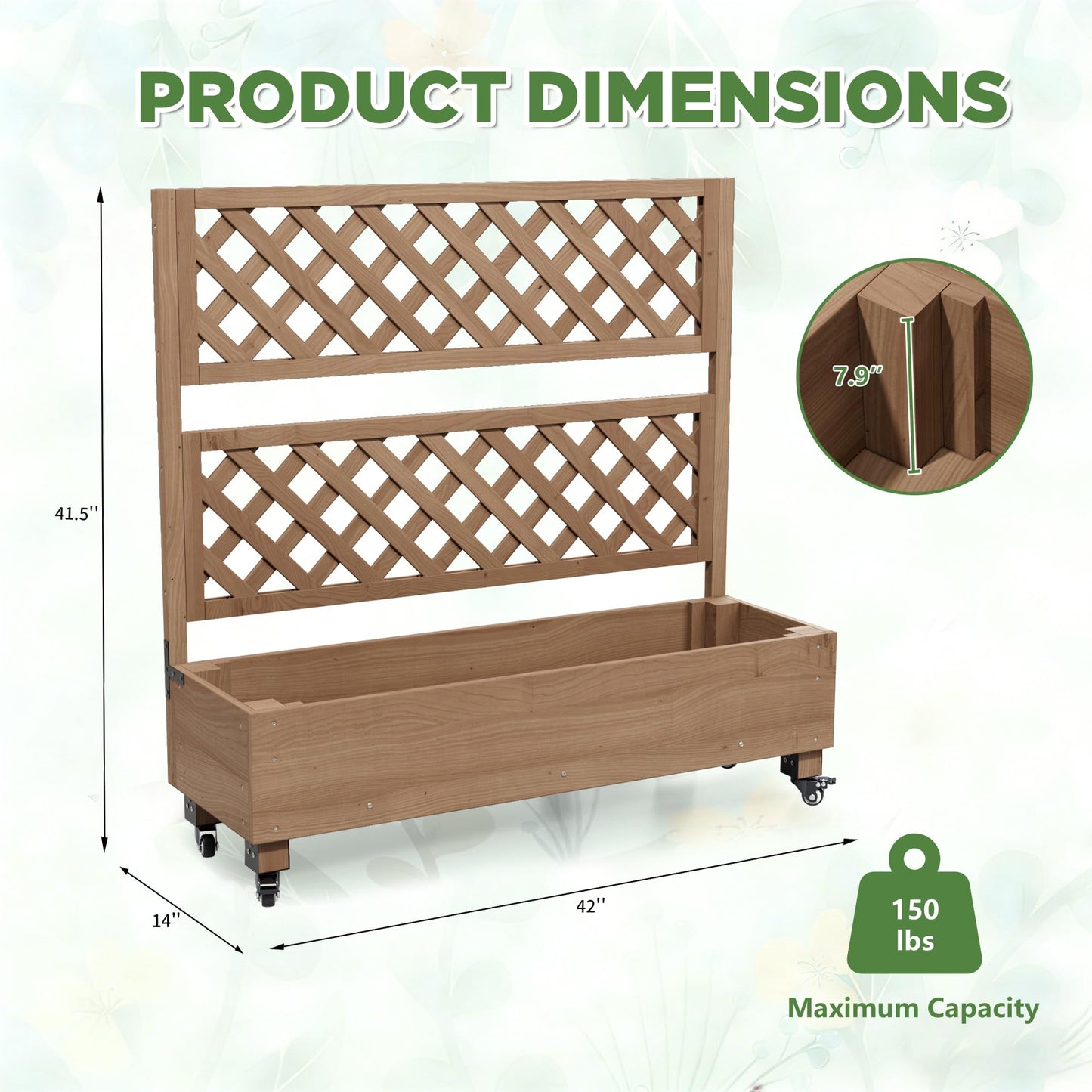 Raised Garden Bed with Wheels Outdoor, Large Garden Planter Box Tomato Flower Pots with Standing Diamond Lattice Trellis for Vegetables Vines Herbs Fruits & Climbing Plants (Grid Upright Trellis)