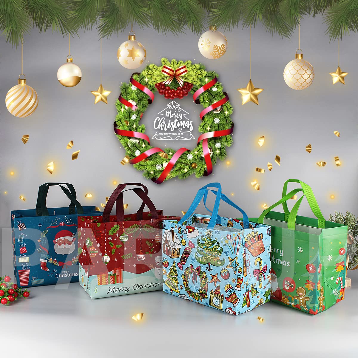 PARSUP 8PCS Christmas Gift Bags, Non-Woven Tote Treat Christmas Bags with Handles for Gifts Wrapping Shopping, Xmas Party Supplies, 12.8"×9.8"×6.7"