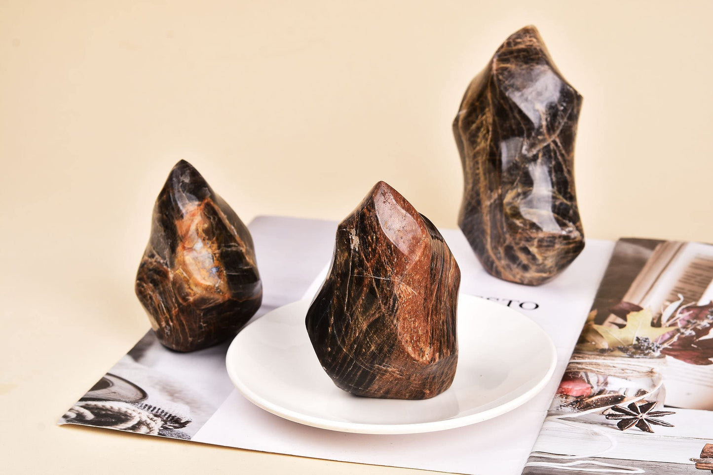 AMOYSTONE Black Moonstone Flame Shaped Towers Large Healing Crystal Stone Home Decor 1.0-1.5LBS