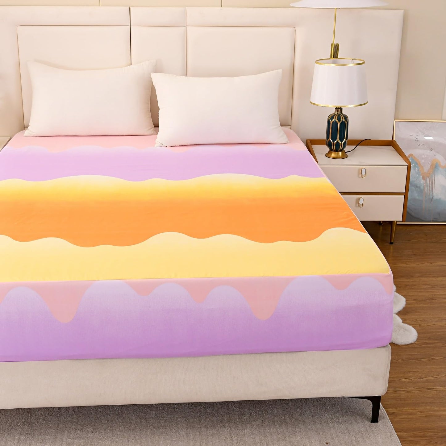 NATURETY Bedding Fitted Sheet with Deep Pocket,Thicken Printed Fabric Bed Sheets (Orange, Queen)