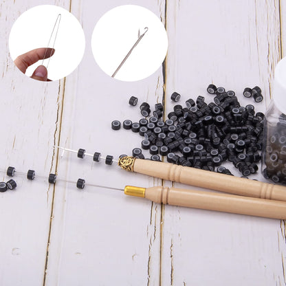 Duufin Hair Extensions Kit 500 Pcs Black Micro Ring Beads 1 Hair Extension Plier 2 Hook Needle Pulling Loop 4 Plastic Alligator Hair Clips 1 Comb and 2 Bags Black Mini Rubber Hair Elastic