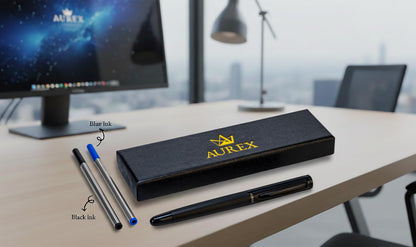 AUREX Luxury Black Rollerball Pen – Metal Pen with Cap, Micro Tip, Diamond Body Design, Gift Box & Blue + Black Ink – Executive Writing Pen