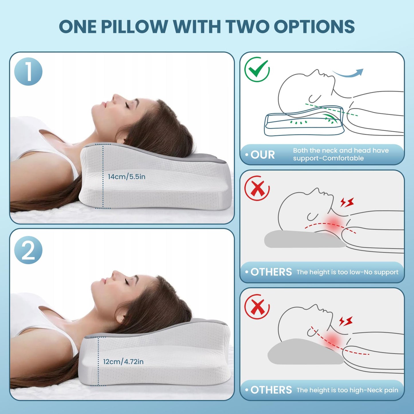 JINXIA Cervical Memory Foam Pillow for Neck Pain, Bed Sleeping Pillow for Shoulder Pain,Ergonomic Orthopedic Support Pillow for Side/Back/Stomach Sleepers with Removable Cover(Ice Silk Pillowcase)