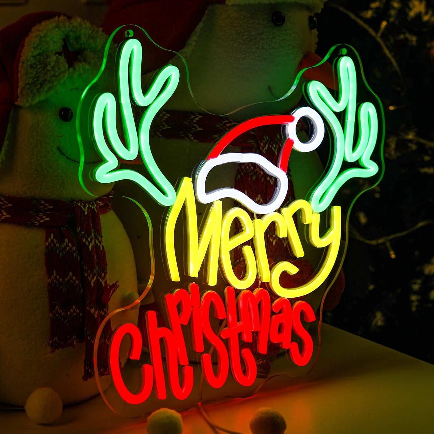 Merry Christmas Neon Sign with Deer Antlers and Santa Hat, Cute Happy New Year Decor for Home, Holiday Party Decorations, Xmas Lights for Wall Window Bar
