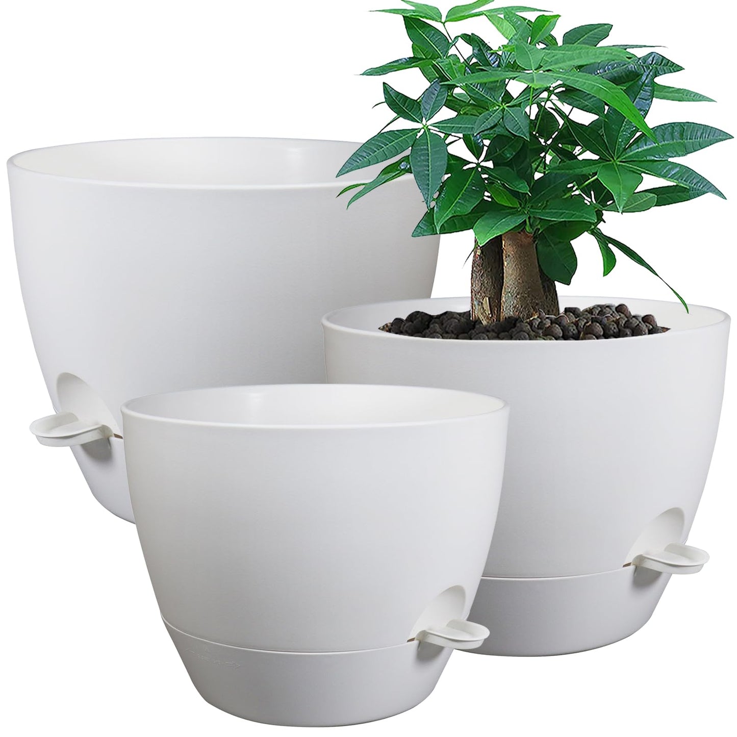 UOUZ Large Self Watering Pots, 12/10/9 Plastic Planters with High Drainage Holes and Deep Reservoir for Indoor Outdoor Garden Plants and Flowers, White