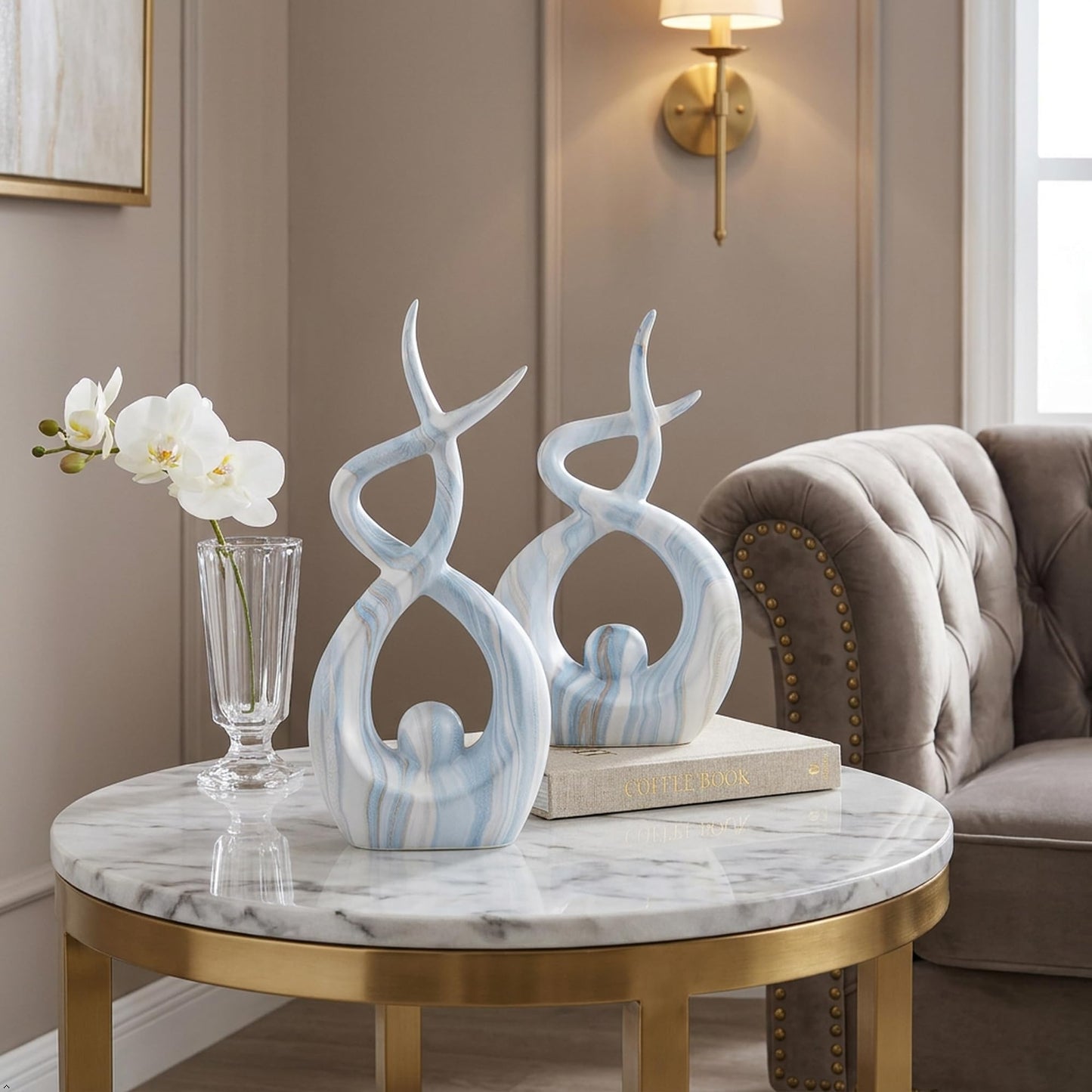 Blue Marble Ceramic Statues Set of 2, Abstract Knot Centerpiece Home Decor