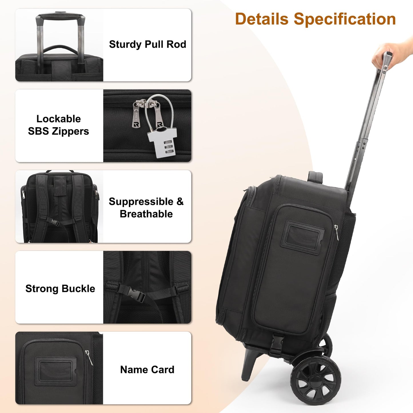 Relavel Rolling Makeup Case with Makeup Brush Case, Large Make Up Travel Organizer with 2 big Wheels, Professional Lockable Makeup Artist Backpack with Adjustable Dividers for Daily Use, Trip - Black